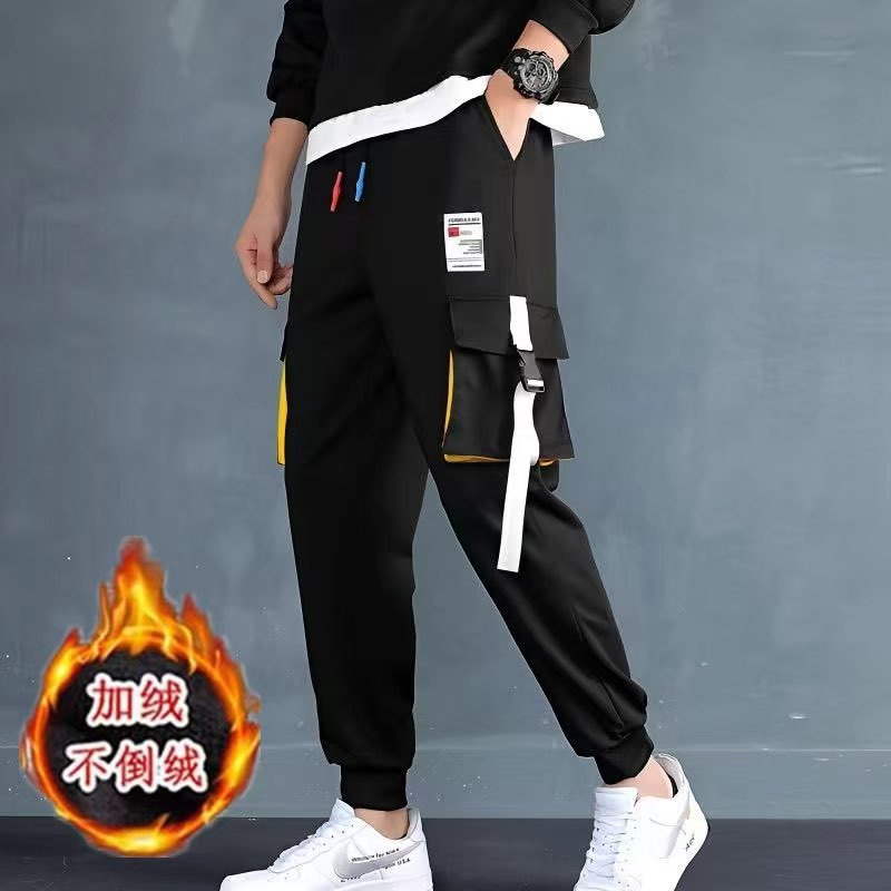 Fleece-Lined Thick Pants for 12-18 Year Old Students, Korean Style Boys' Winter Cargo Pants, Trendy Casual Long Pants for High School Students