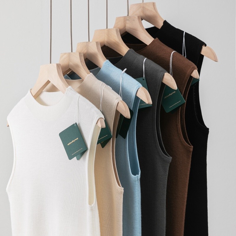 Yangzi Yarn Fine-Spun 100% Fine Wool Half-Turtleneck Knitted Vest for Women, Slim Fit, Simple Sleeveless Base Layer, Thin
