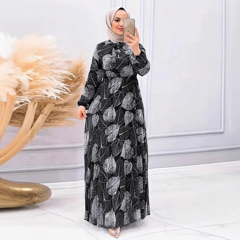 Cross-Border Amazon Women's Leaf Pleated Skirt Fashionable Waist-Cinching Dress with Long Sleeves