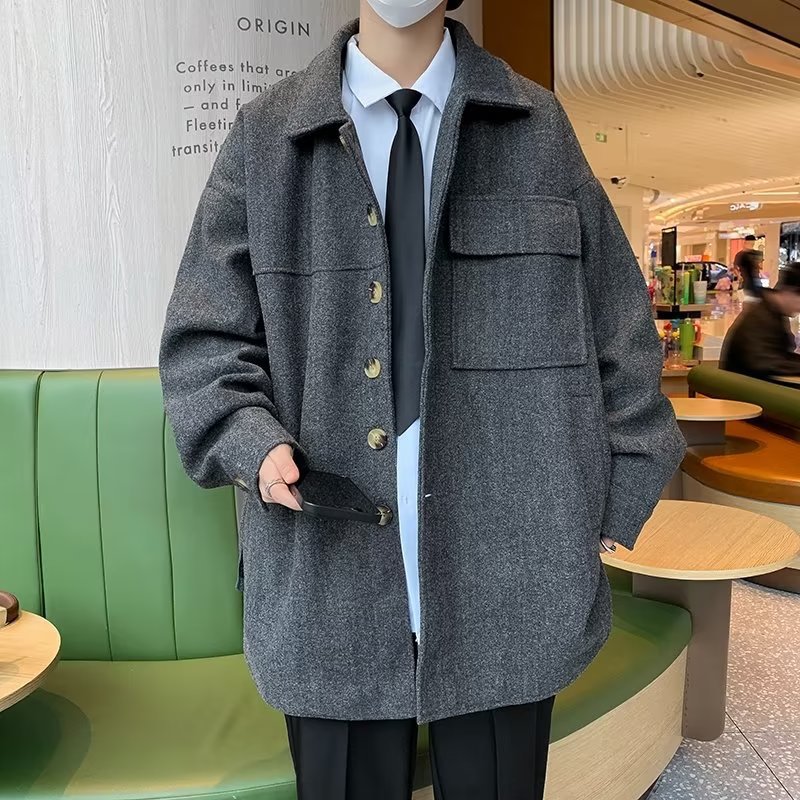 Woolen men's Spring and Autumn Mid-length trench coat loose casual retro high-grade boys' lapel jacket winter