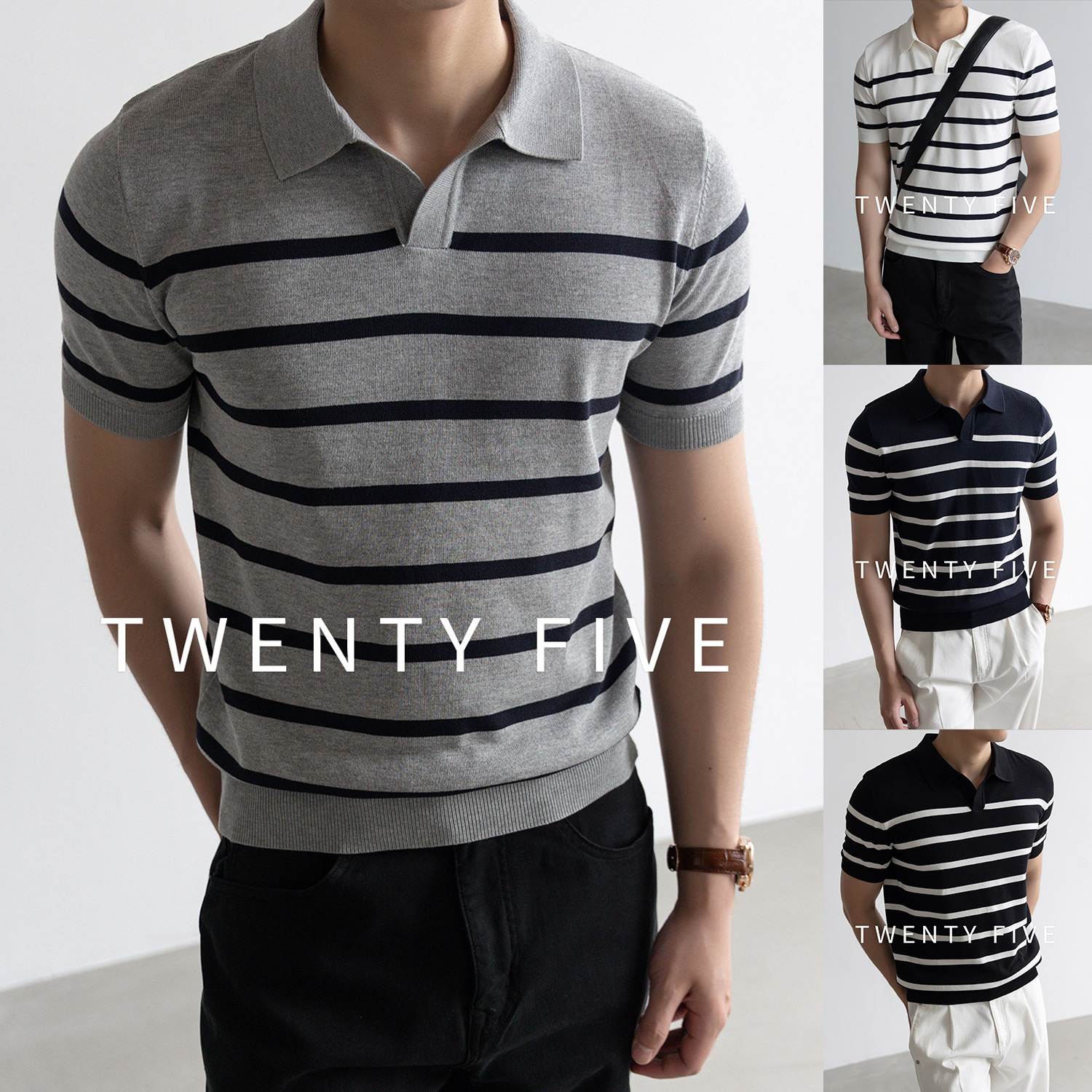 Polo camiseta de punto camiseta de manga corta camiseta de hombre cuello en V gaviota cuello rayas viejas líneas de viento de verano fábrica transfronteriza mayorista