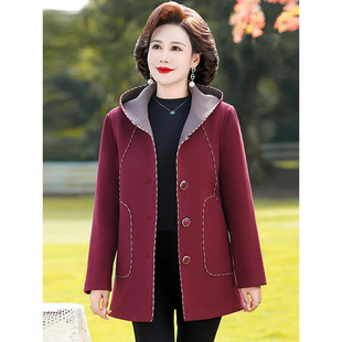 Elegant Hooded Mom Outfit 2025 Spring and Autumn Wool Coat for Middle-Aged and Elderly, Fashionable, Age-Reducing, Slimming, High-Quality Top