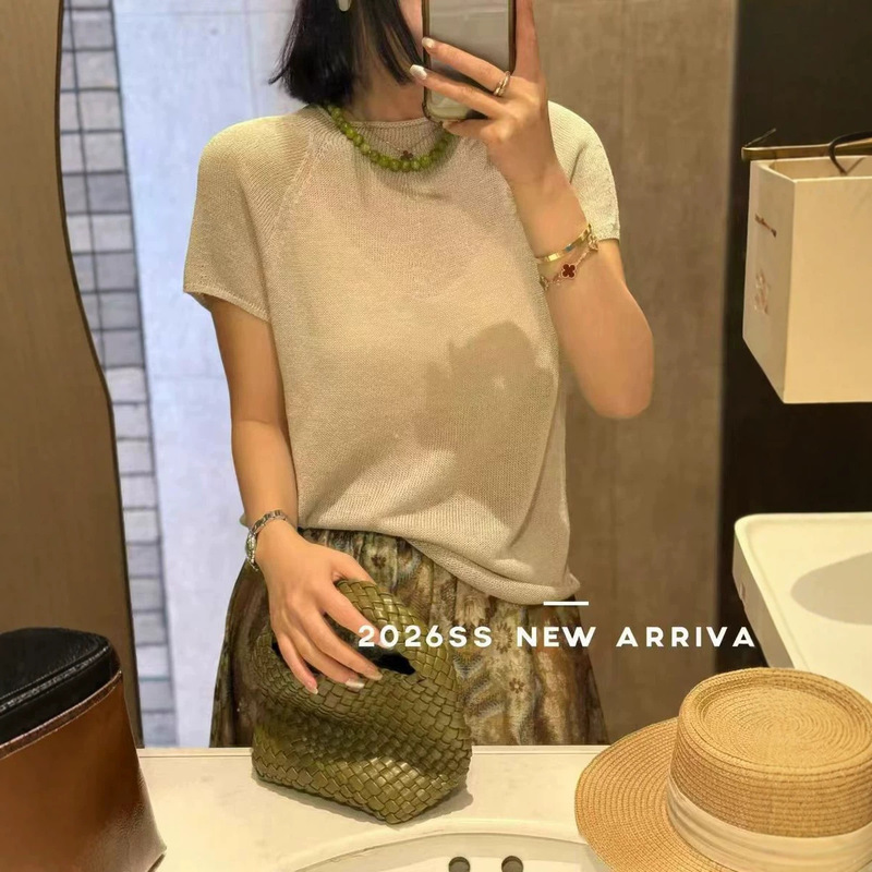 2026 Summer New Style Breathable Raglan Sleeve Natural Rolled Edge Small Stand Collar Knitted Short Sleeve Loose T-Shirt for Women 2026 Summer New Style Breathable Raglan Sleeve Natural Rolled Edge Small Stand Collar Knitted Short Sleeve Loose T-Shirt for Women