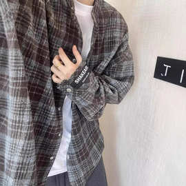 美式复古慵懒风呢料立领格子衬衫男长袖春秋季宽松毛呢衬衣外套潮