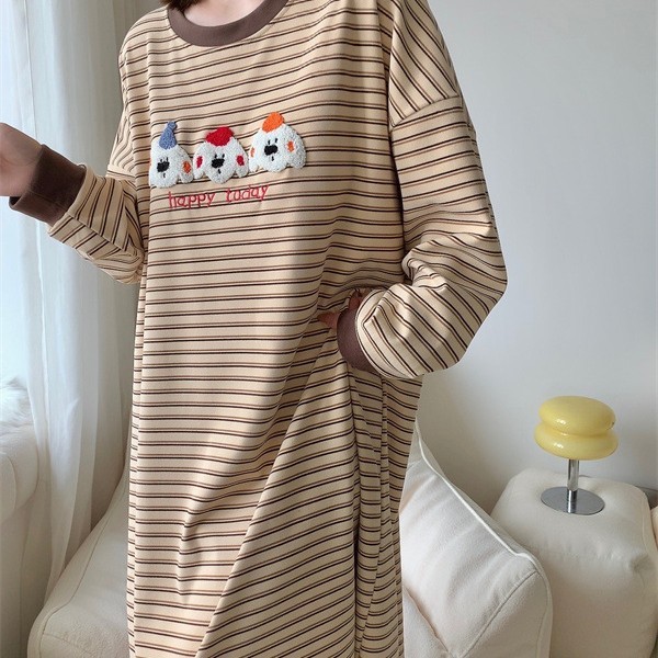 Winter Pajamas Nightgown Women's Simple Fashionable Ins Style Striped Long-Sleeved Nightgown Women's Home Clothes Pink Weo genuine goods
