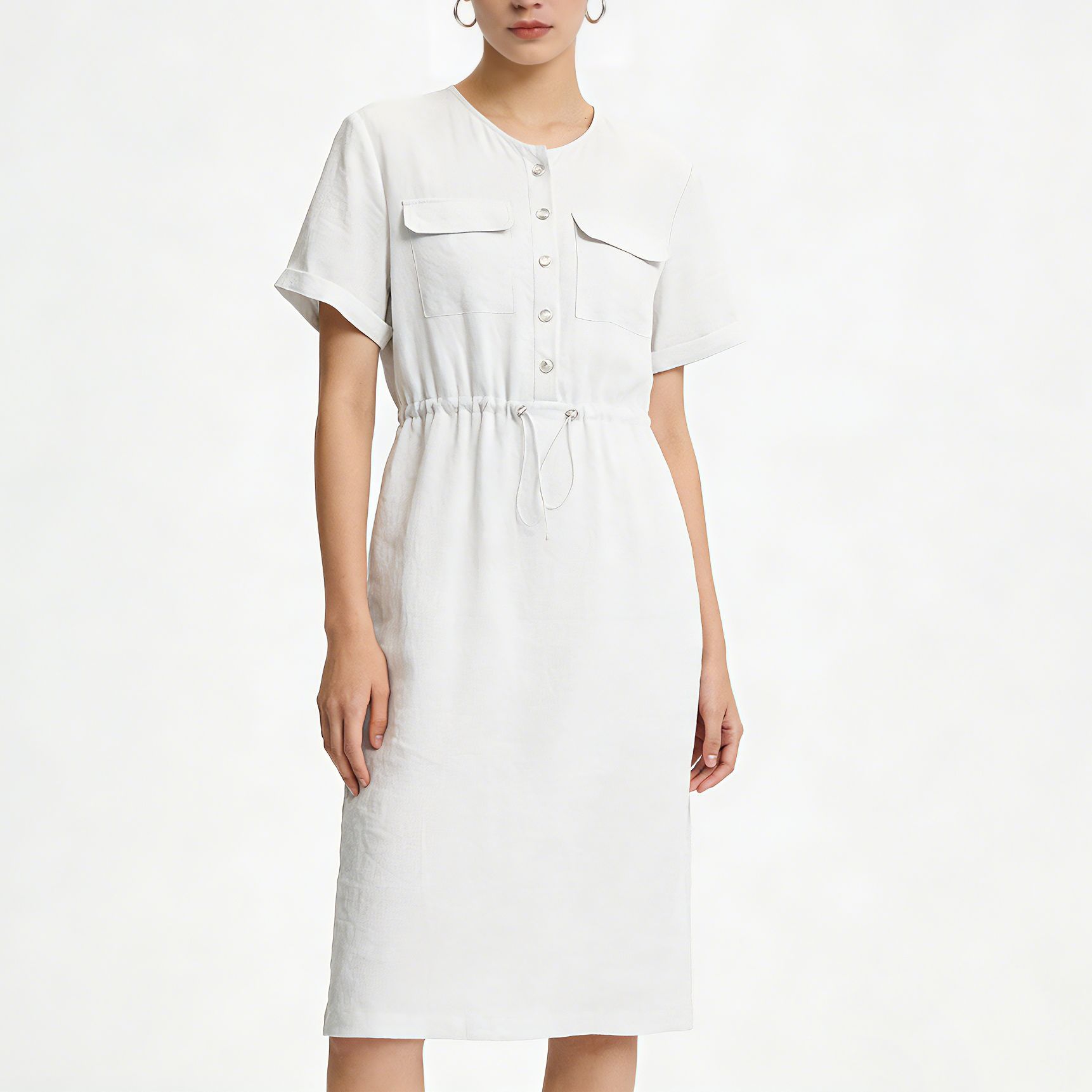 Đầm maxi nữ linen dáng rộng eo rút dây, thiết kế cắt may 3D — màu ô liu xanh chi tiết 3