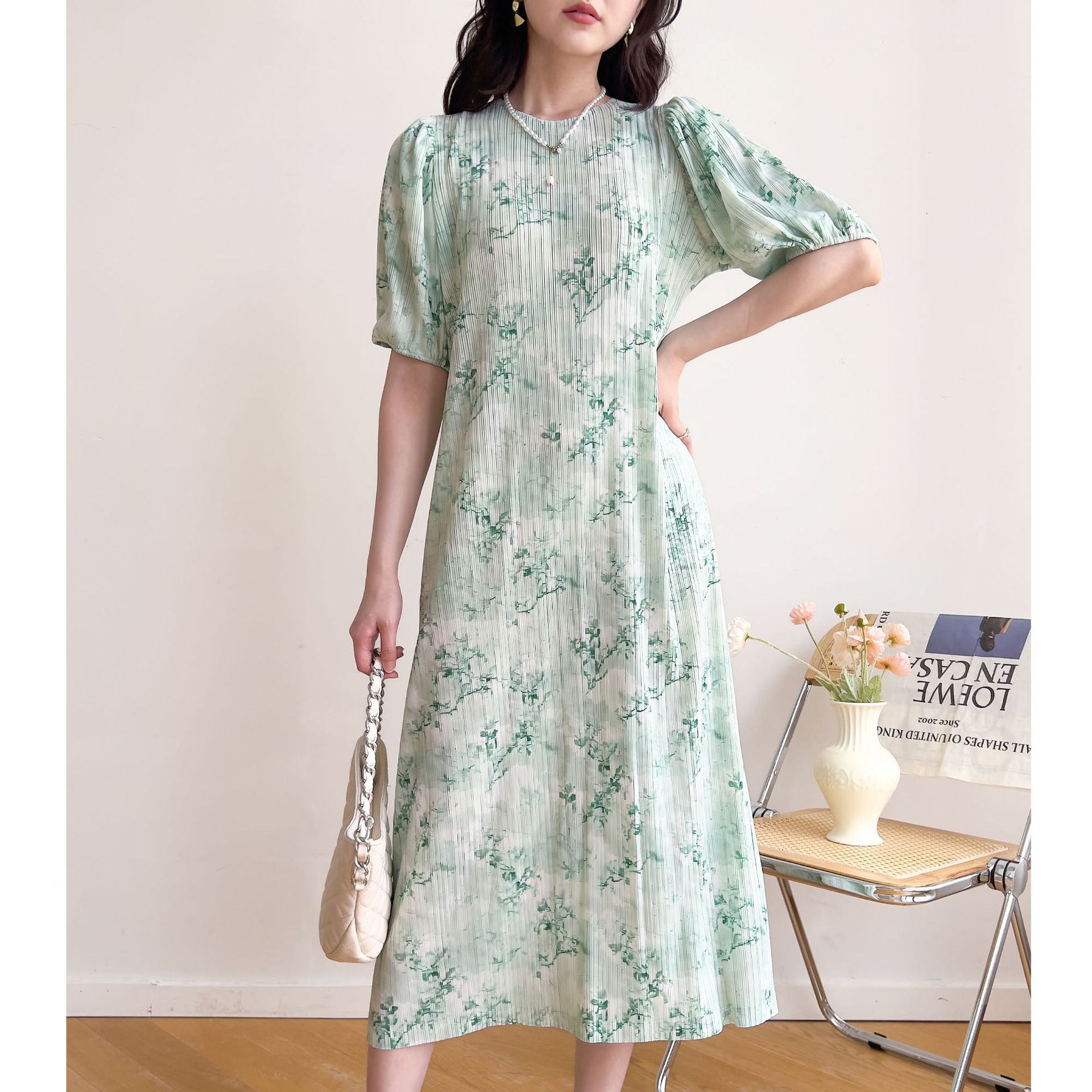 Quality 2025 Summer New Product Miyake High-end Pleated French Pastoral Style Fresh and Sweet Printed Dress