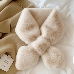 Winter Japanese and Korean Pure Color Scarf Imitation Rabbit Fur Rex Fur Cross Scarf Elegant Simple Warm Plush Scarf Fake Collar