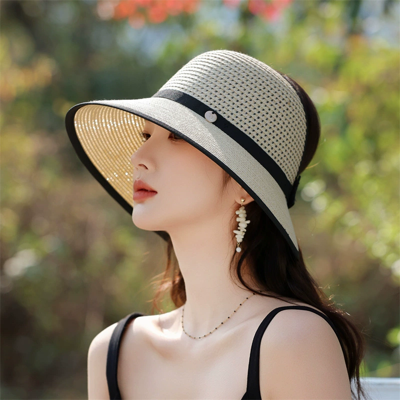 2025 new large brim foldable empty roof fashionable straw hat versatile for women in spring and summer travel on the beach sun protection