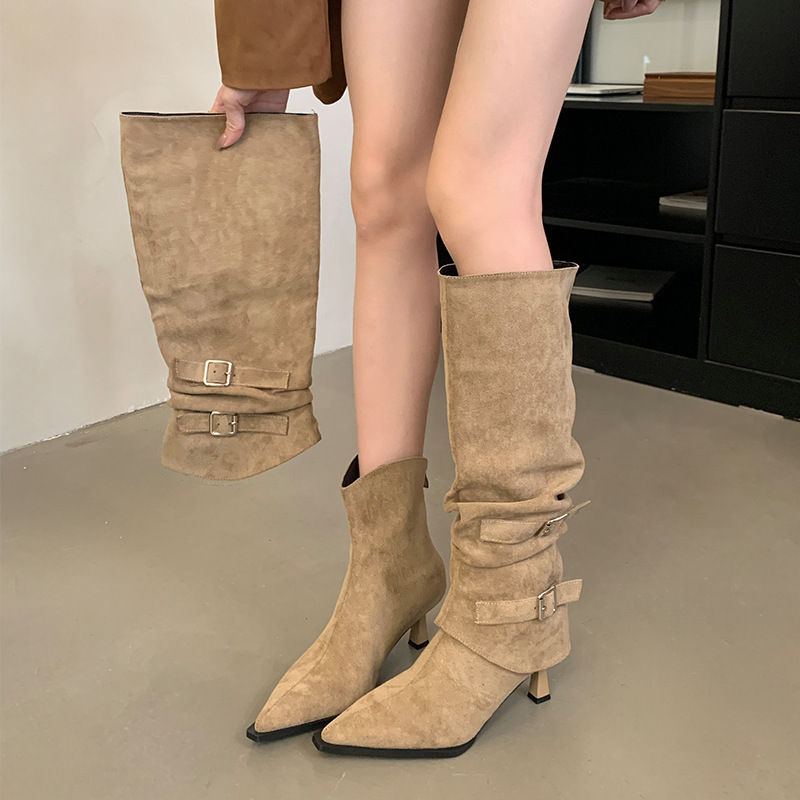 Suede Pointed Toe Pleated Pile Boots for Women 2025 Autumn and Winter New Style Detachable Two-Wear Stiletto Boots High-Heeled Short Boots