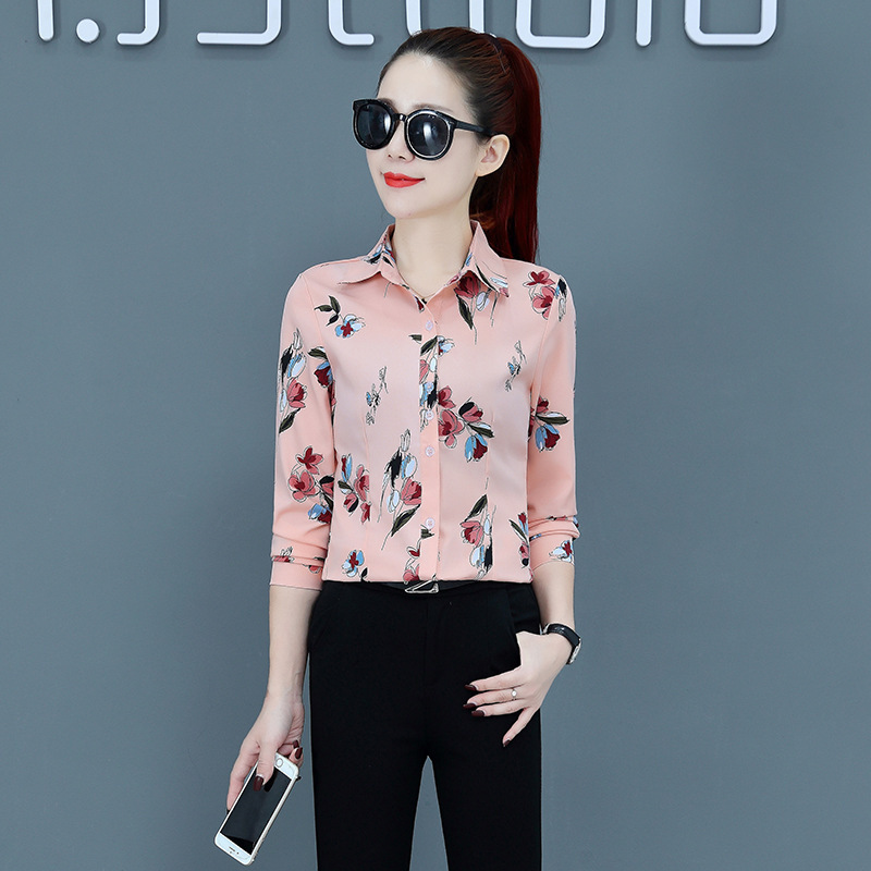 Spring Long Sleeve Cardigan Single Breasted Pink Printed Long Sleeve Blouse Pink Elegant Commuter Lapel Cute Shirt