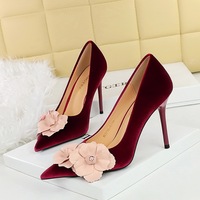 3739-H57 style banquet high-heeled shoes with thin heels, West suede, light mouthed pointed, color blocked flower single shoes for women