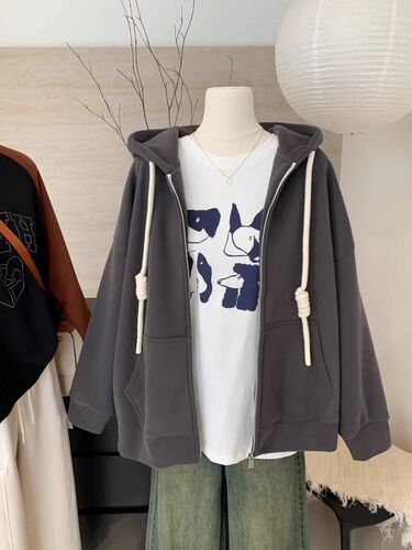 Melade Korean autumn and winter new style with thick velvet, lazy hooded hooded sweater loose cardigan zipper coat