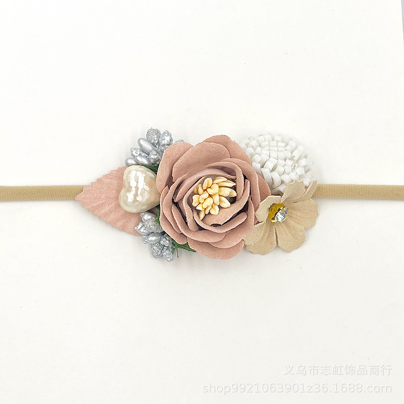 Tocado de flores de banda de pelo de tela europea y americana accesorios para el cabello de costura para niños combinación de traje de seda de rábano Rosa Flor de tocado dulce