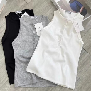 Hot Girl Henry Collar Button Vest Women's 2025 Summer New Slim Fit Threaded Round Neck Sleeveless Outer Wear Top