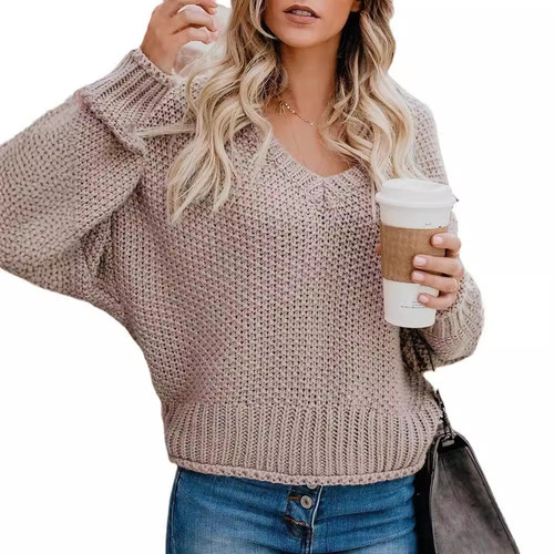 WishEbay Autumn/Winter European and American Loose Knit V-neck Sweater for Women