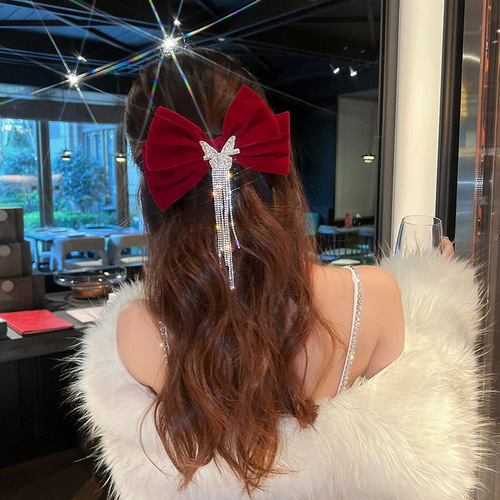 Qiu dong Korean big bowknot headdress hairpin female top clip metal butterfly diamond tassel hair clip hairpin