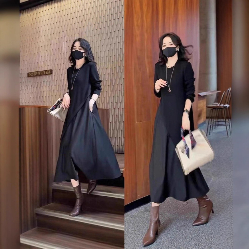 Pure Black French Slim Long-Sleeved Splicing Fake Two-Piece Dress for Women in Autumn New Round Neck with Irregular Design
