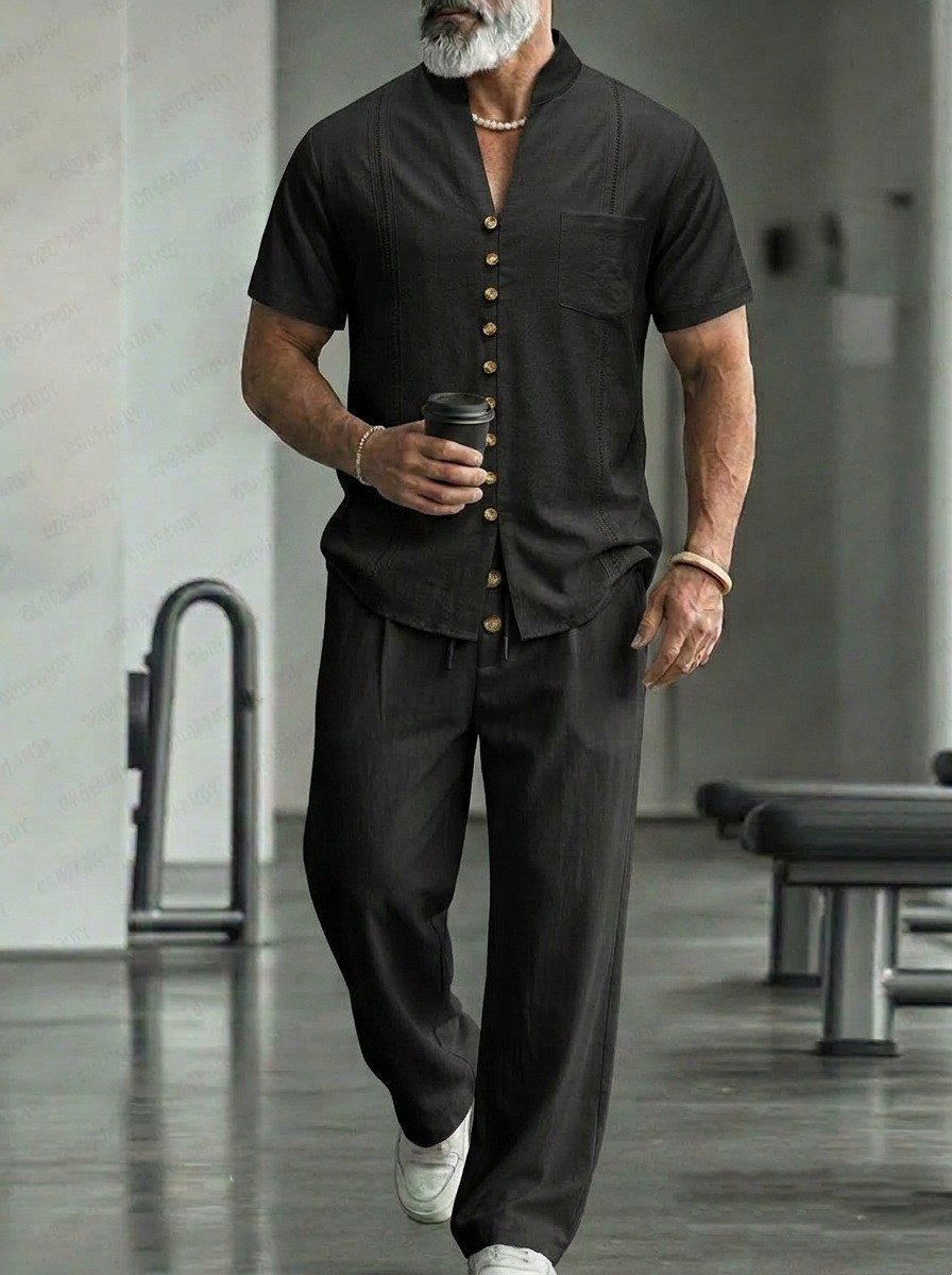 Herren Leinenhemd Mit Hose Set Lässiger Zweiteiler Für Männer_voghion.com