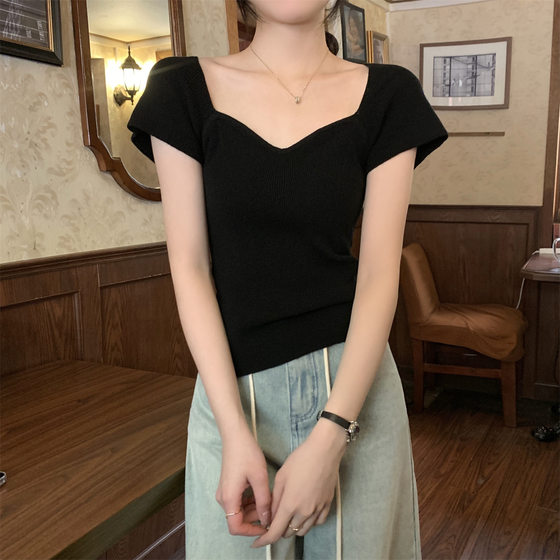 R17# summer Korean temperament French seagull collar color slim Andy velvet knitted short sleeve jacket women