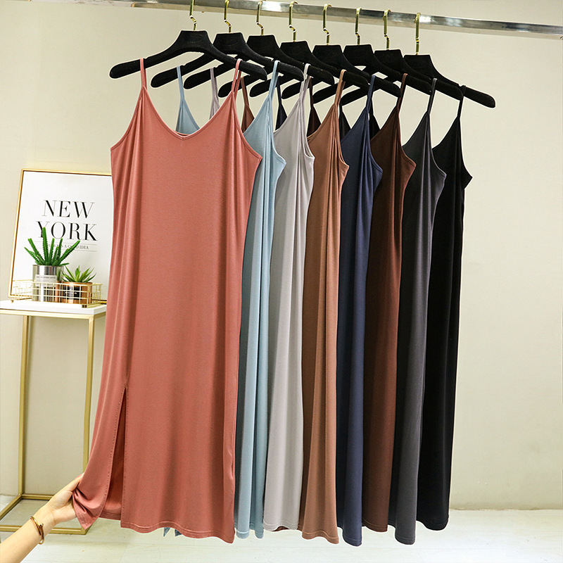 Modal V-neck Slip Skirt Women's Summer Solid Color Sleeveless Long Loose Split Base Dress Thin A- line Skirt