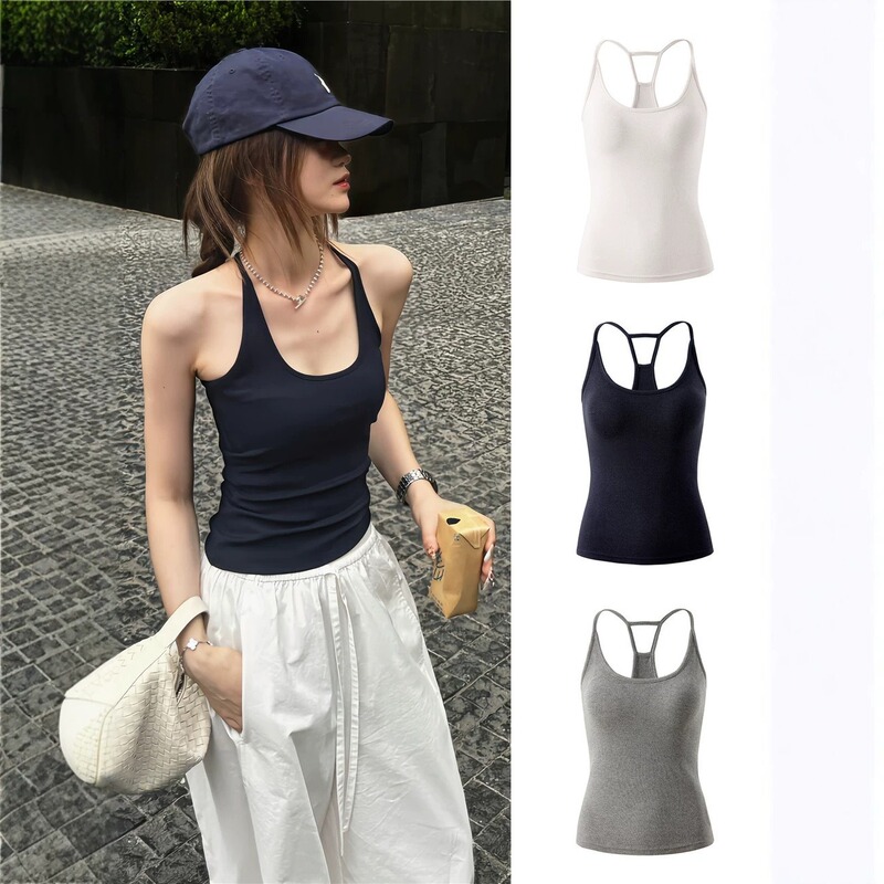 Hot girl's tank top with chest pads for women, new summer style, suitable for both inner and outer wear, halter neck, sleeveless, for sports and fitness, with a beautiful back design