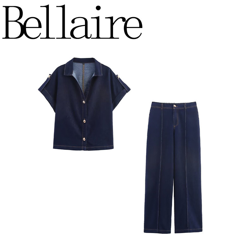 Za Foreign Trade Wholesale European and American Style Women's Fashion Versatile Short-Sleeve Denim Shirt with Pleated Wide-Leg Jeans