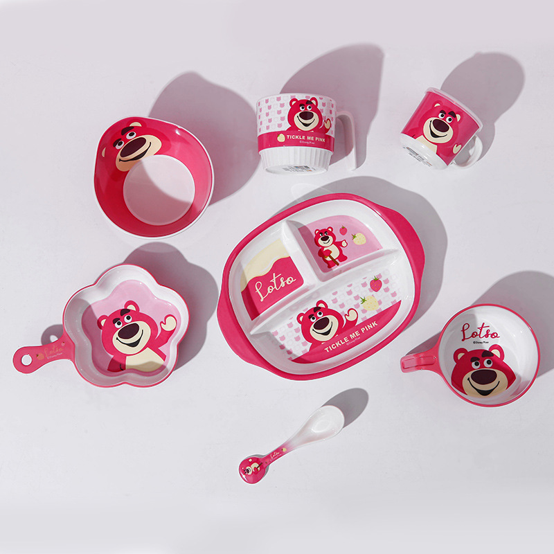 Genuine Strawberry Bear Children's Tableware Cartoon Rice Bowl Household Divided Feeding Plate Set Melamine Spoon Cup Wholesale