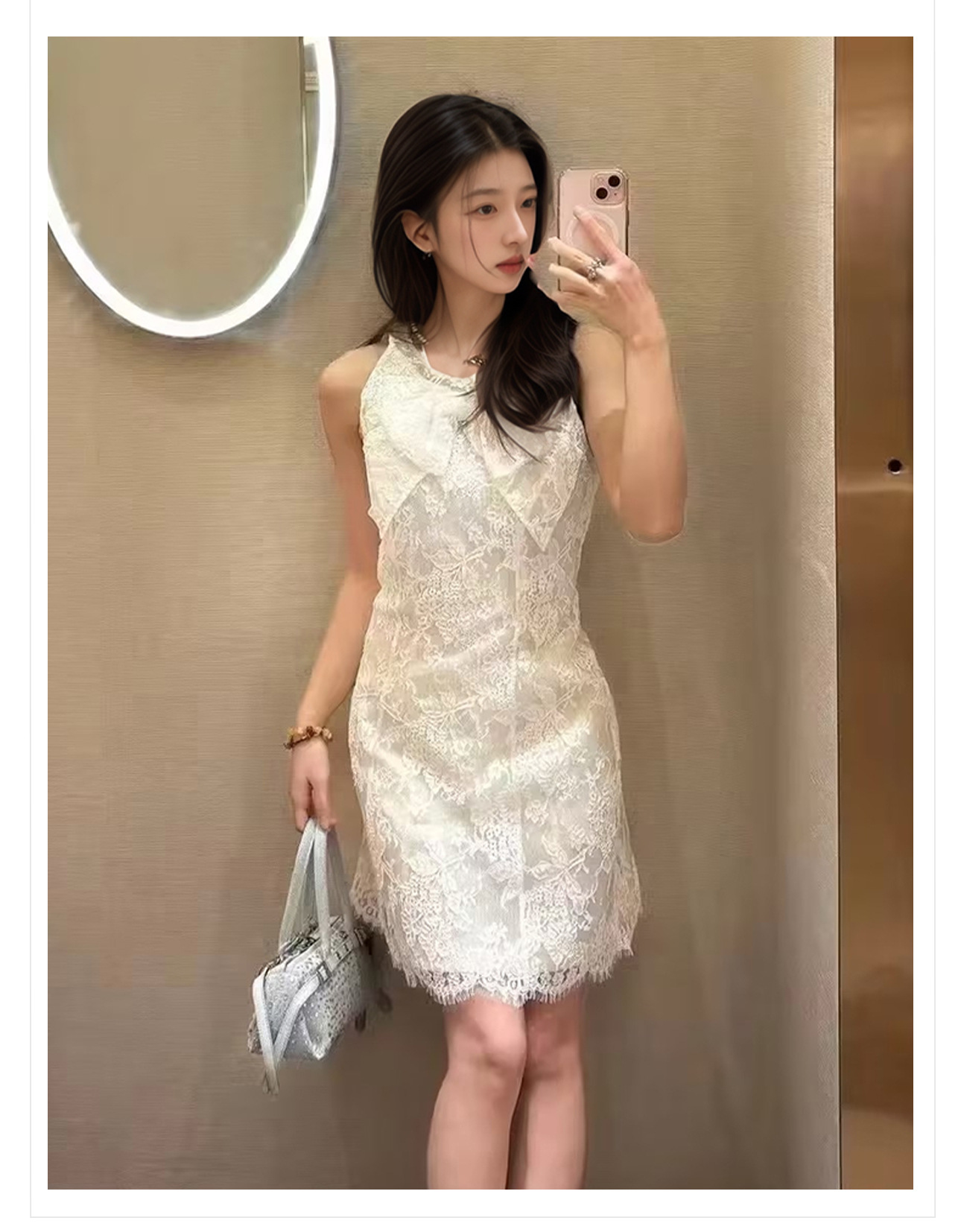 Váy ren lưới phối nơ kiểu Pháp ôm sát nữ mùa hè ZX N3058 — Màu trắng be chi tiết 3