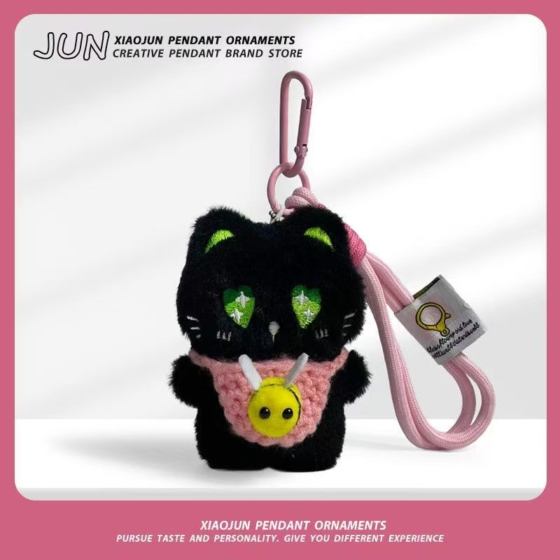 Super lindo gato negro lindo muñeca de peluche tejido bolso de mano pequeña abeja bolso de cuerda de mano colgante llavero colgante