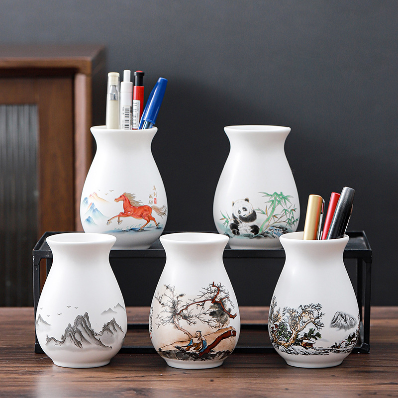 Exquisite Chinese Style Ceramic Pen Container Decal Large Diameter Big Belly Bottle Pen Container Desktop Office Inserting Pen Storage Container