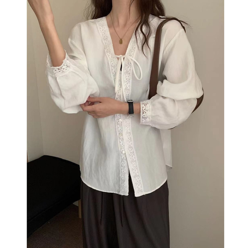 Autumn New Simple Retro Daily High-Quality V Neck Strappy Shirt Korean Style Lace Splicing Casual Slim Shirt
