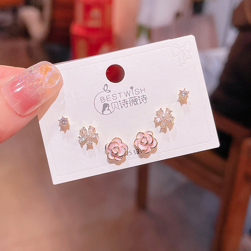 Exquisite glazed flower small earrings set of six pieces, women's silver needle mini cute earrings and earrings