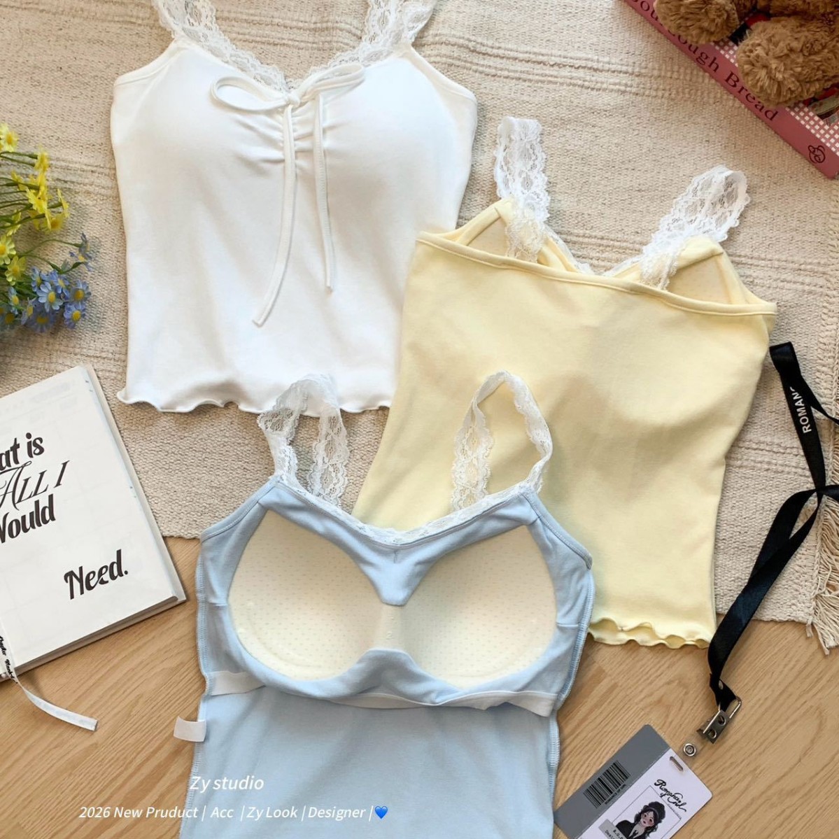 Sweet and Pure Style Bow Lace Patchwork One-Piece Bra Pad Camisole for Everyday Slim Fit Versatile Outerwear Tank Top for Women