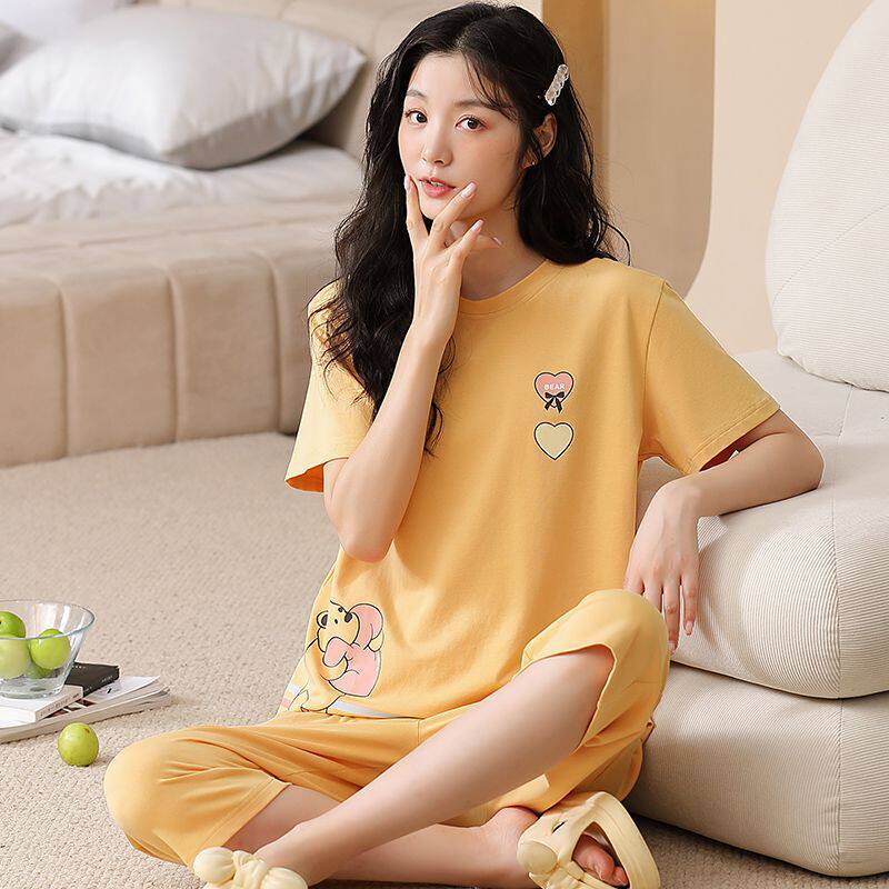 Pajamas for Women, Summer Cotton Short-Sleeved Cropped Pants, Korean Style Fresh and Cute Home Clothes, Student Ladies Two-Piece Set