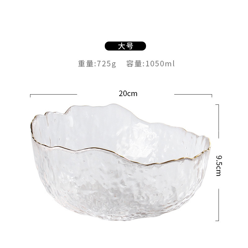 Venta al por mayor estilo nórdico patrón de martillo transparente borde dorado ensaladera de vidrio hogar plato de fruta de postre de alto aspecto vegetal