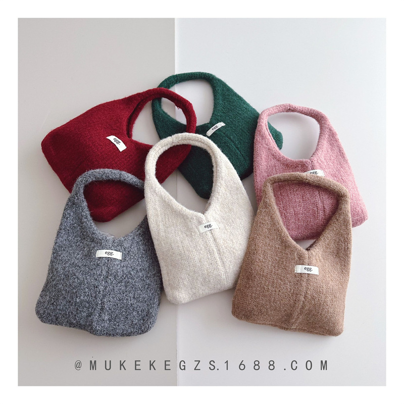 Japanese Designer Children's Knit Bag Street Style Solid Color Yarn Bag Girls' Baby Handbag Coin Purse