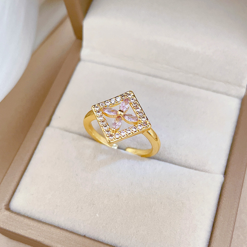 Anello quadrato leggero di lusso con fiore, apertura regolabile, gioiello semplice giapponese, anello per coppie_voghion.com