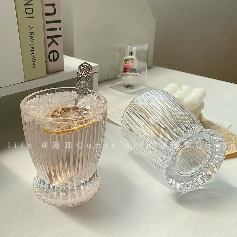 [ins韩国风小细腰竖条纹个性玻璃水杯牛奶咖啡杯洋酒杯家用饮料]