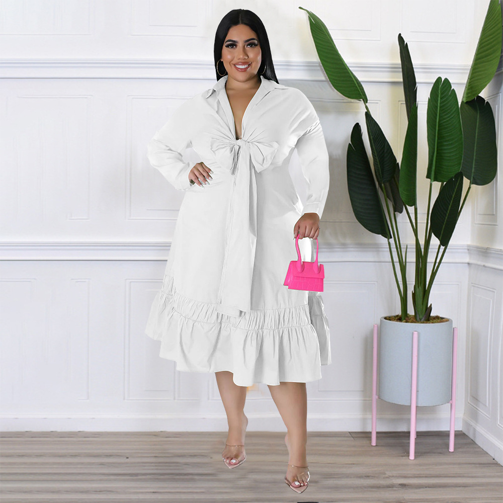 ChicShe N7679 2022 Solid Color Tie Bow Shirt Sleeve Loose Casual Ruffle Plus Size Dress_voghion.com