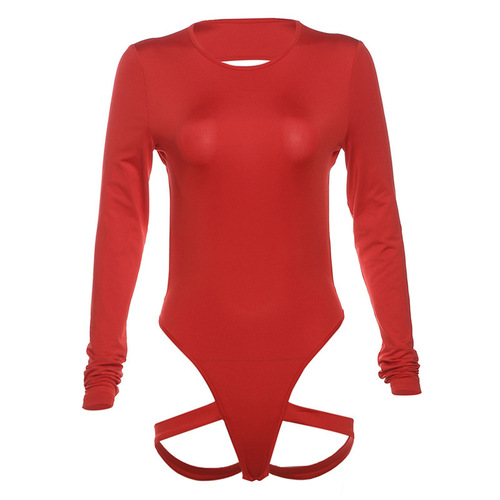 W332BS European and American summer fashion new sexy tight color solid color backless casual long-sleeved one-piece for women