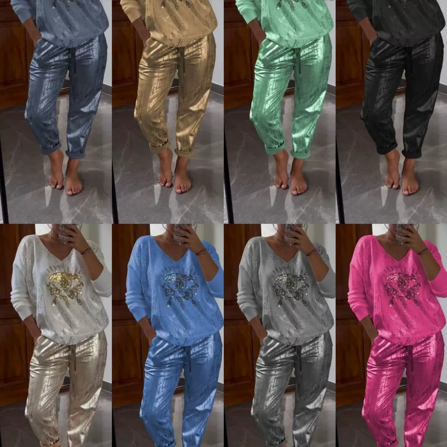 2024跨境独立站邪恶之眼烫金上衣和长裤亮闪闪套装大码女装夏