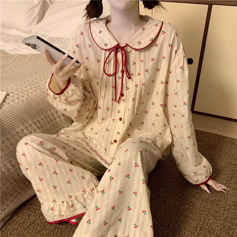 달콤한 파자마 여성의 신선한 인형 칼라 느슨한 귀여운 체리 레이스 한국 스타일 봄과 가을 의상 홈 의류 세트
