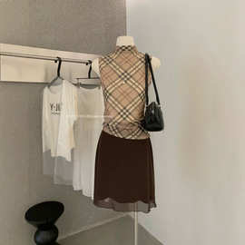 Y.JIA伊嘉 夏季韩系卡其格纹半高领背心+a字显瘦半裙套装YS6-7996