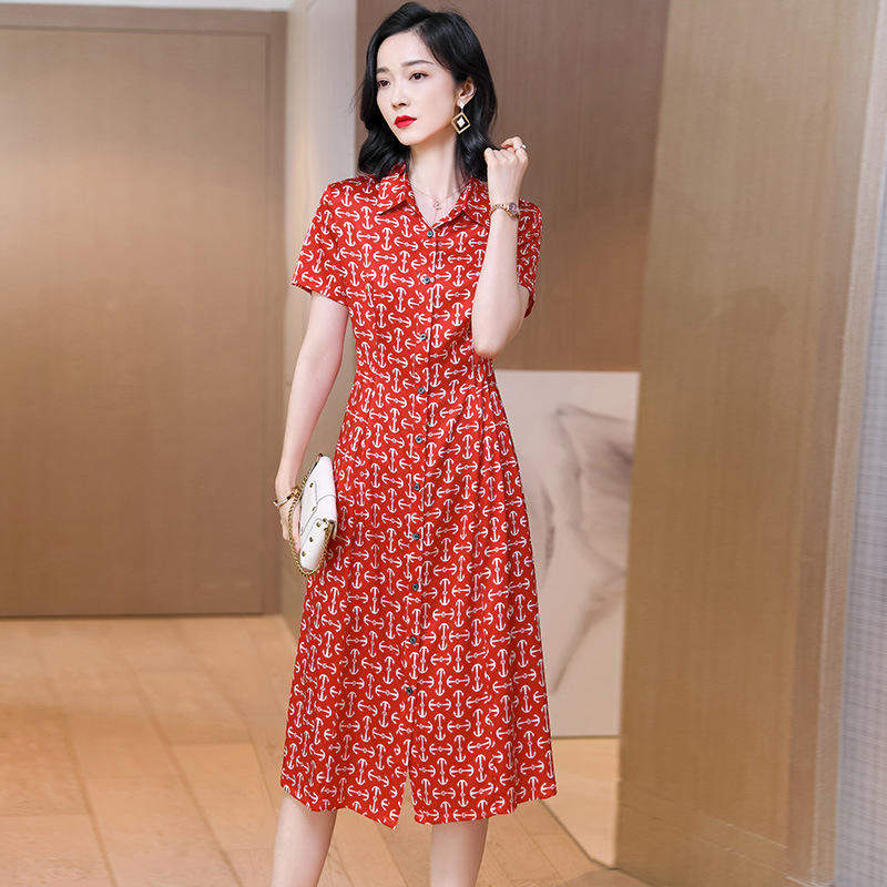 Summer New Style Silk Dress with Shirt Collar Design, Silk Drape, Elegant Retro Dress