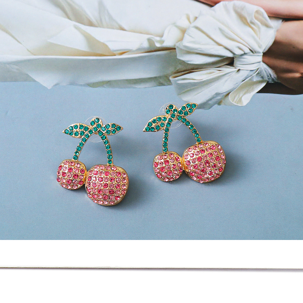 New Creative Fruit Cherry Full Diamond Retro Alloy Earringspicture6