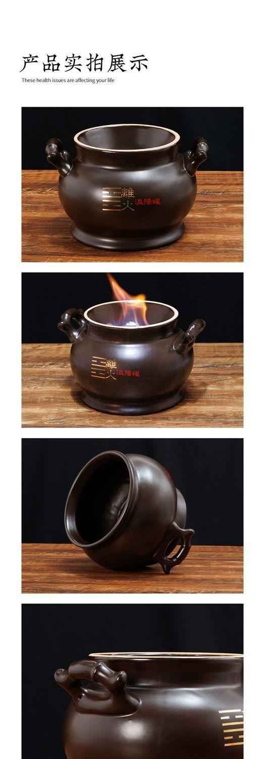Bian Stone Moxibustion Jar Large 18.4cm Ceramic Navel Warming Tool with Fire Bowl Carbon Stick Towel and Herb Pack in use