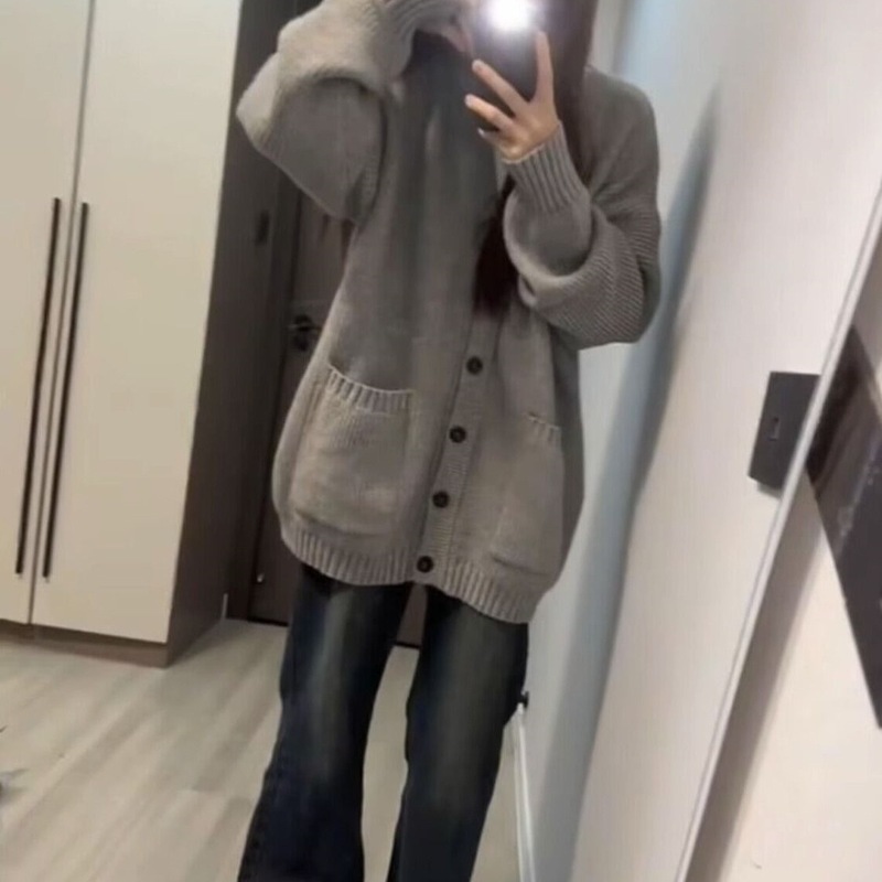 加厚版!慵懒风灰色单排扣毛衣开衫女外套秋装新款韩版宽松针织衫|undefined