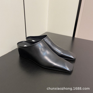 Pure Source Niche Summer New Tire Cowhide Square Head Wedge Slippers Women's Outer Wear Simple Fashion Mueller Slippers Trendy