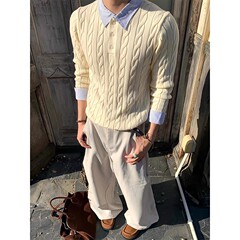 假两件拼接条纹毛衣男高级感老钱风麻花纹Polo毛衣cleanfit针织衫